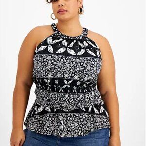 INC International Concept Black and White Printed Halter Smock-Waist Top NWT